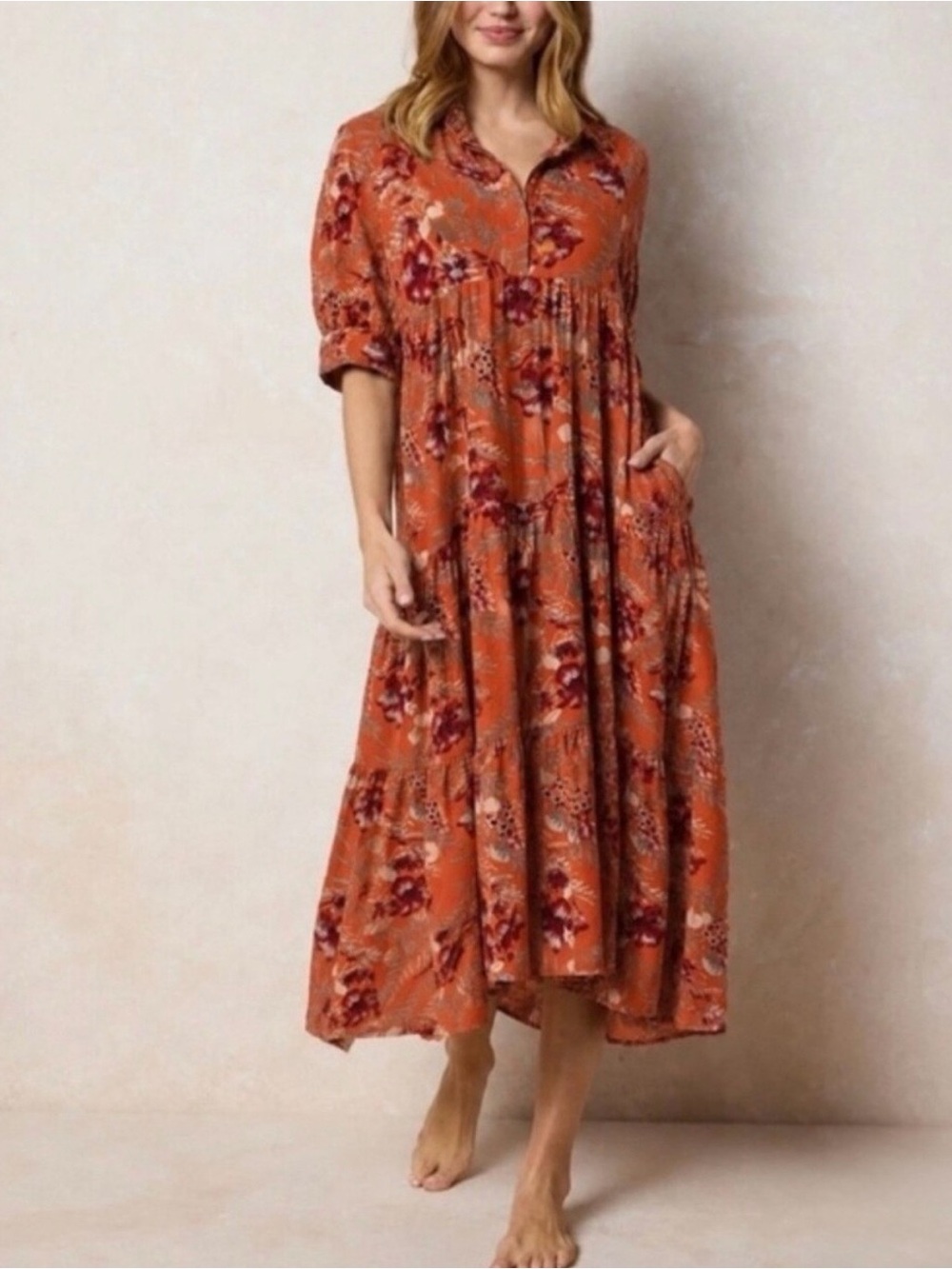 Natural Life Rebecca Floral Tiered Maxi Dress Boho Fall Earthy Tones Pockets M